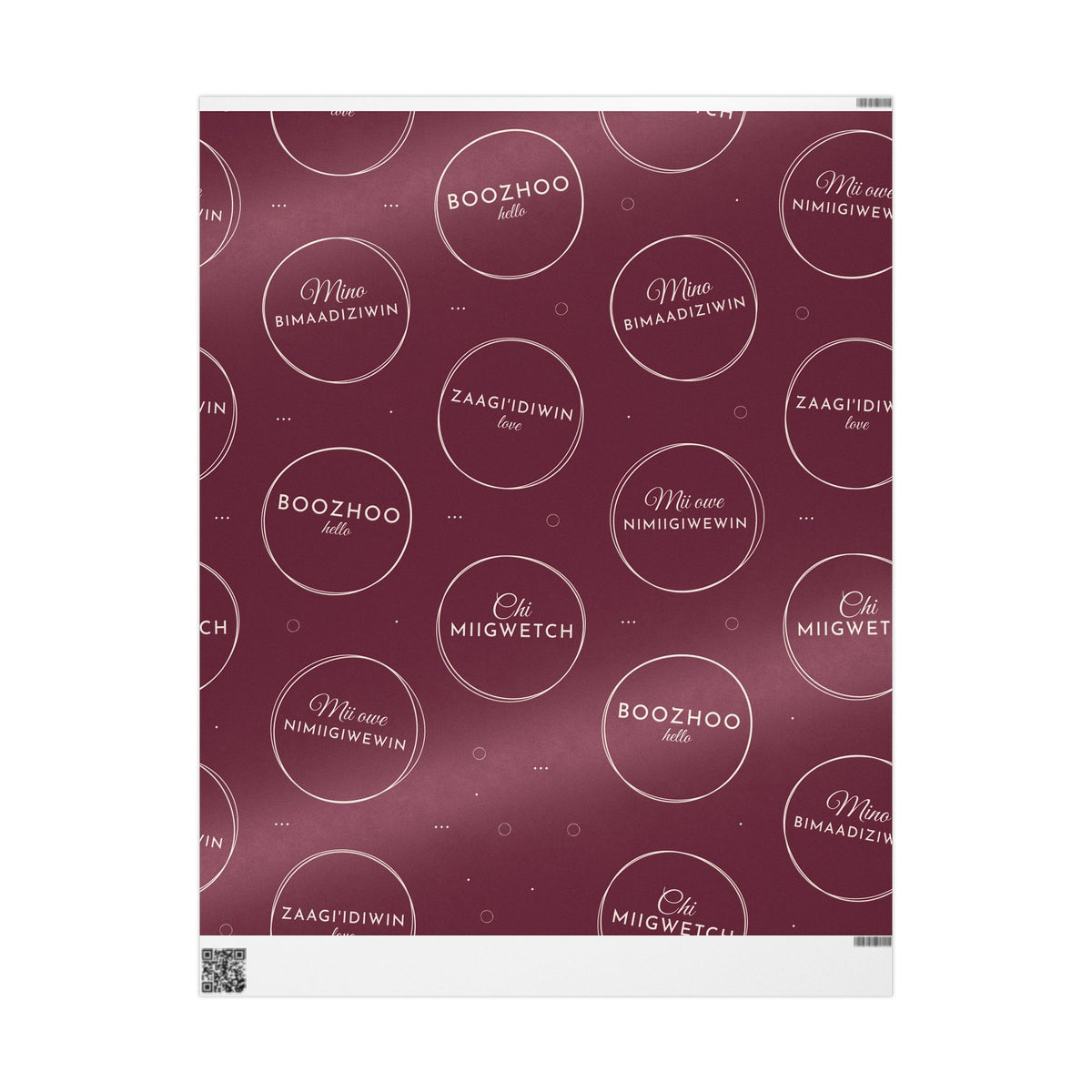 Burgundy Holiday Ojibwe Words Wrapping Paper Roll – Elegant Script Pattern for Christmas & Gifts