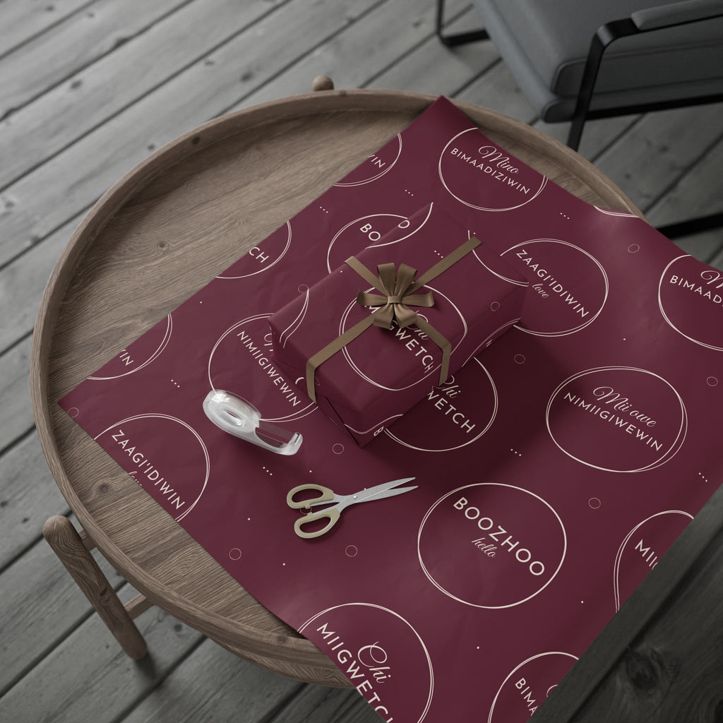 Burgundy Holiday Ojibwe Words Wrapping Paper Roll – Elegant Script Pattern for Christmas & Gifts