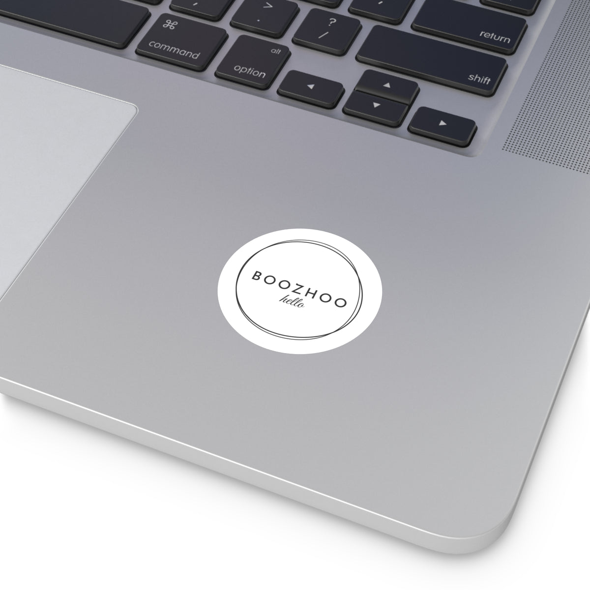 Round Logo Sticker — "BOOZHOO hello" Minimalist Vinyl Decal (Indoor/Outdoor)