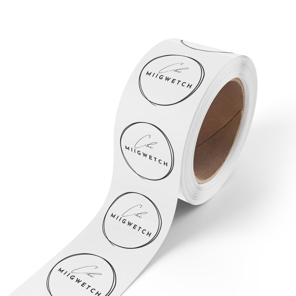 Round Logo Sticker Rolls — Minimal Script 'Chi MIIGWETCH' Seal