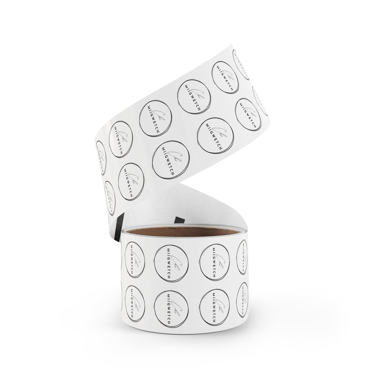 Round Logo Sticker Rolls — Minimal Script 'Chi MIIGWETCH' Seal