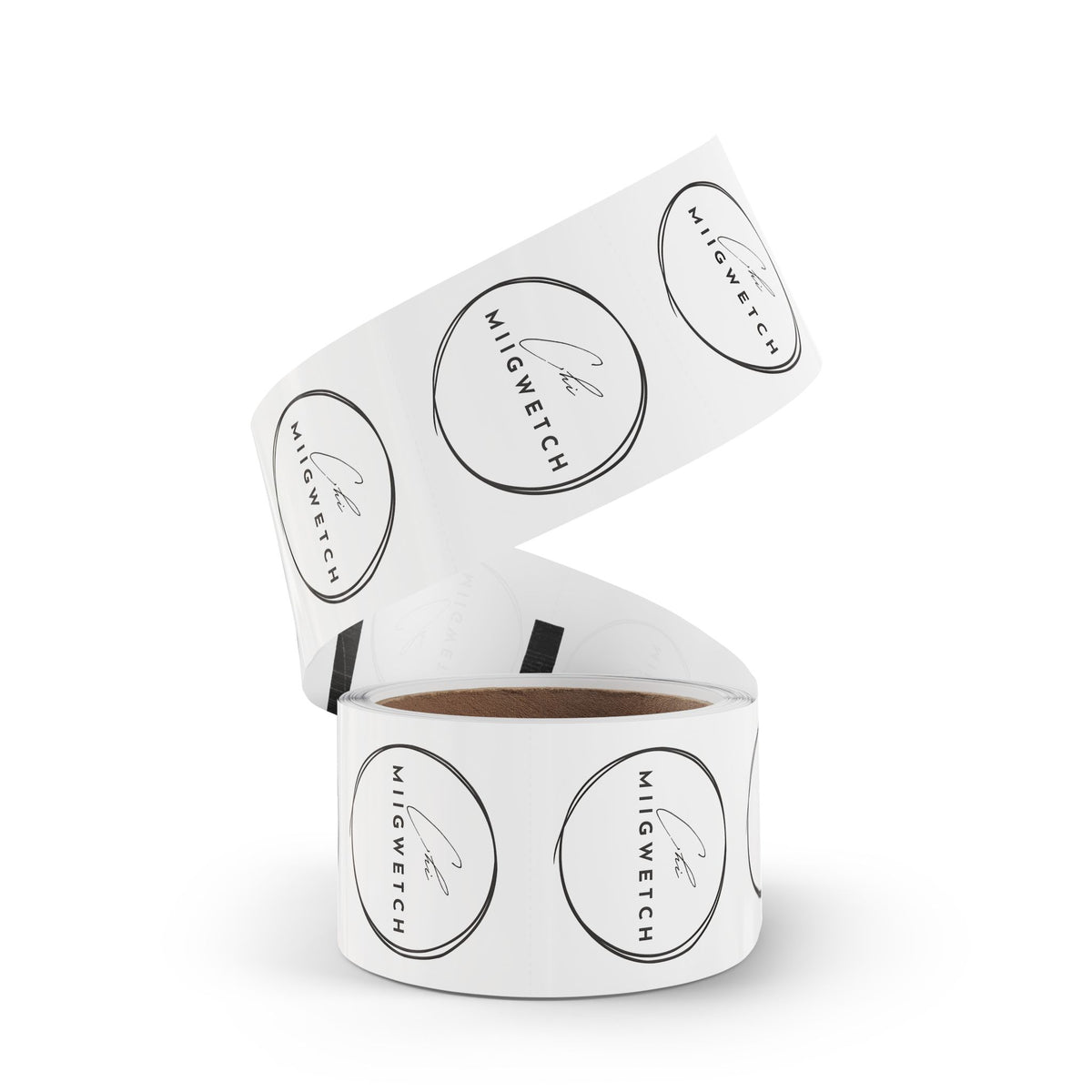 Round Logo Sticker Rolls — Minimal Script 'Chi MIIGWETCH' Seal