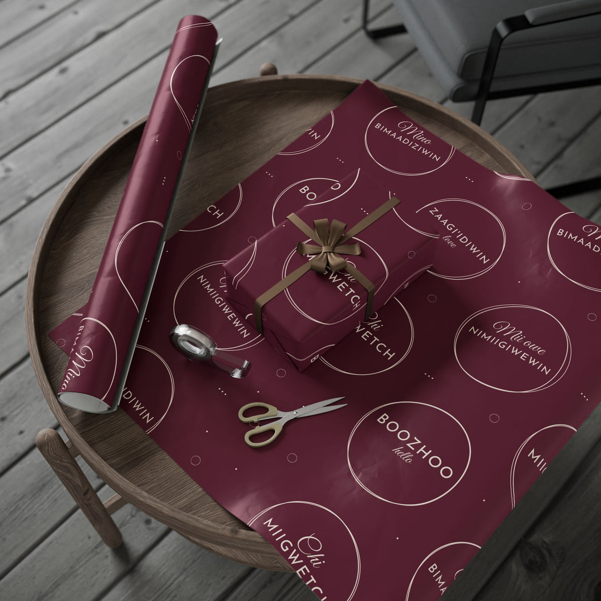 Burgundy Holiday Ojibwe Words Wrapping Paper Roll – Elegant Script Pattern for Christmas & Gifts