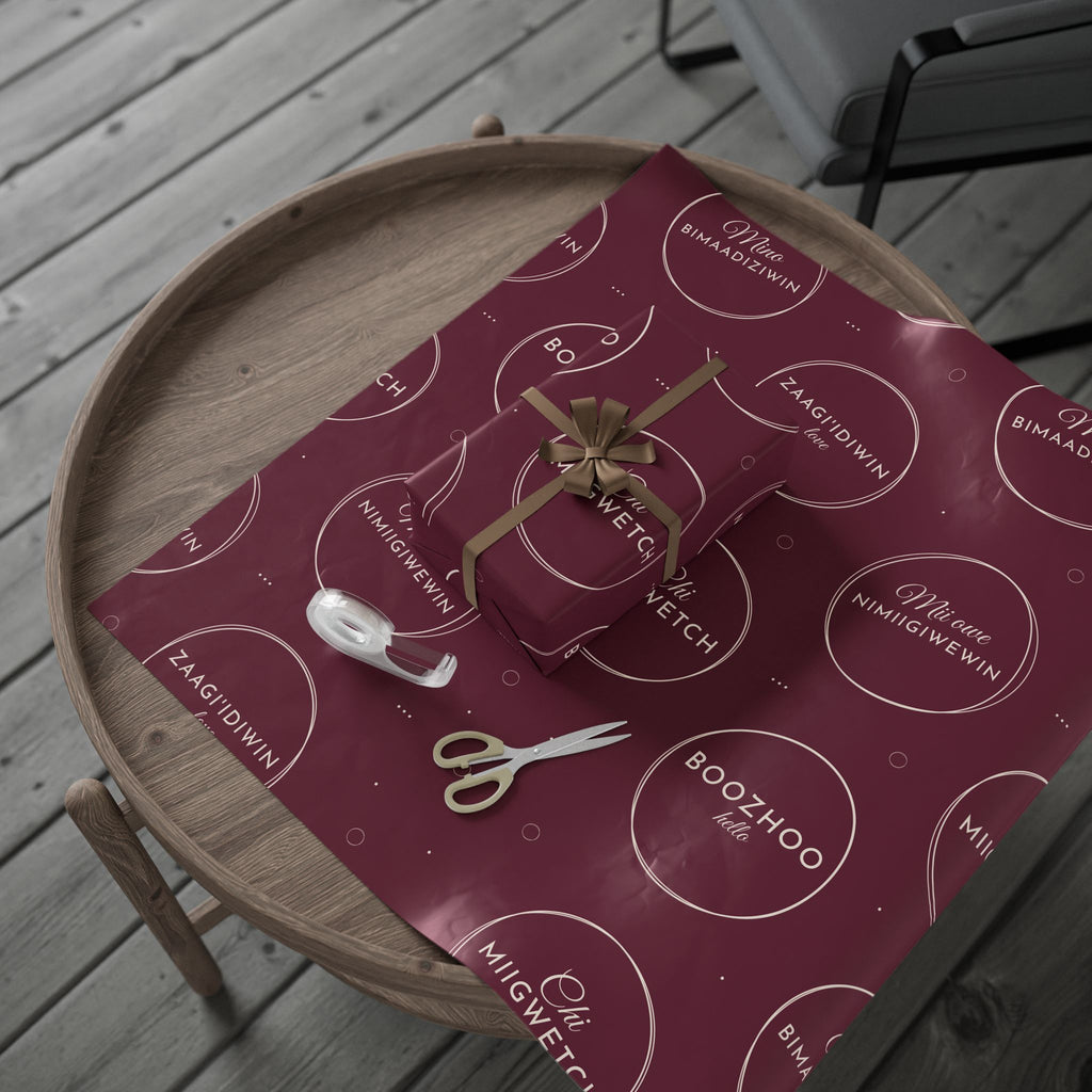 Burgundy Holiday Ojibwe Words Wrapping Paper Roll – Elegant Script Pattern for Christmas & Gifts