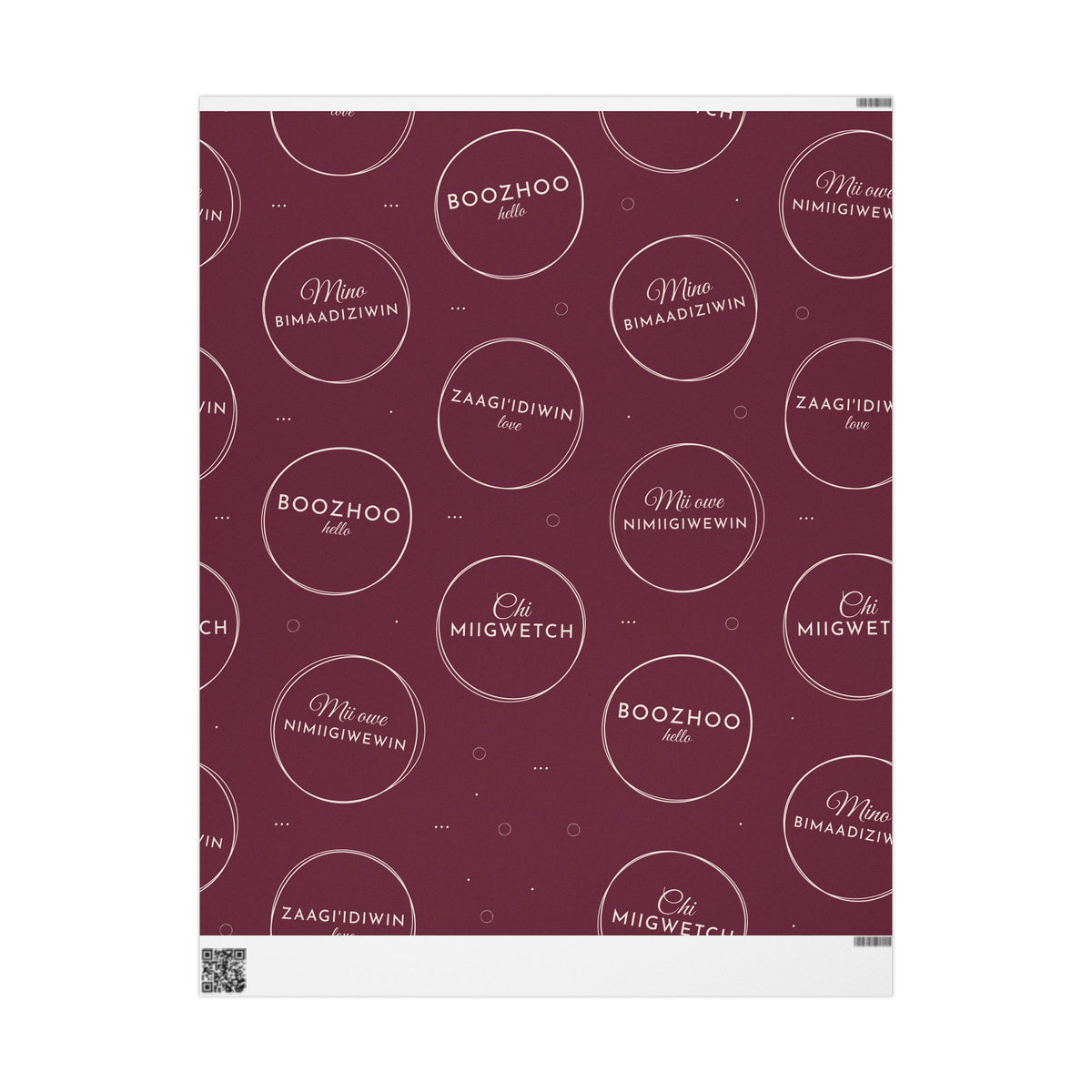 Burgundy Holiday Ojibwe Words Wrapping Paper Roll – Elegant Script Pattern for Christmas & Gifts