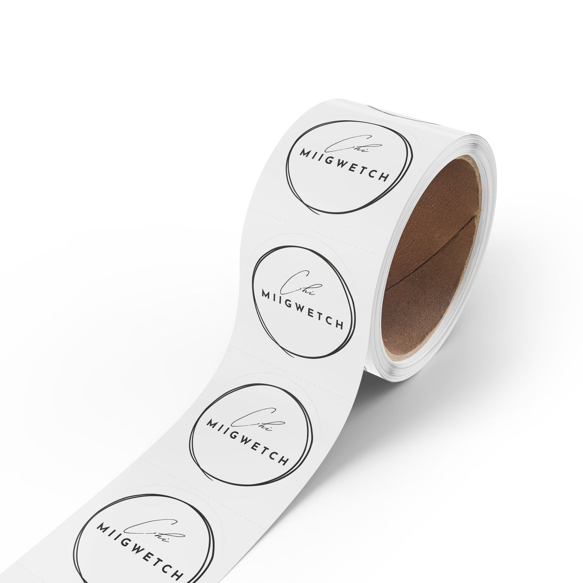 Round Logo Sticker Rolls — Minimal Script 'Chi MIIGWETCH' Seal