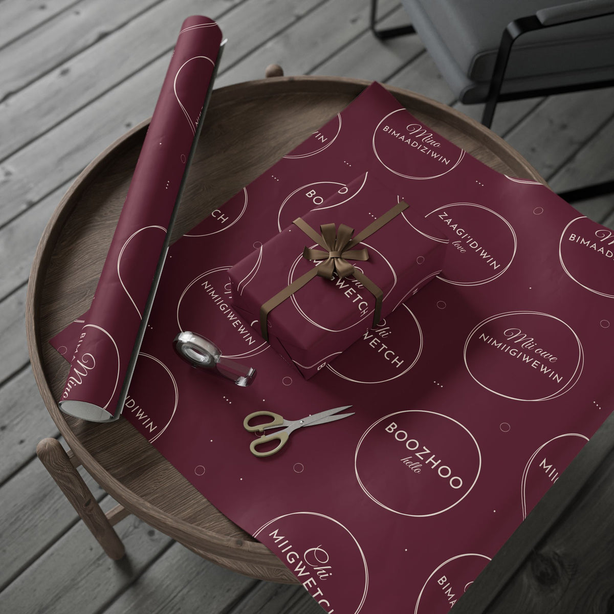Burgundy Holiday Ojibwe Words Wrapping Paper Roll – Elegant Script Pattern for Christmas & Gifts