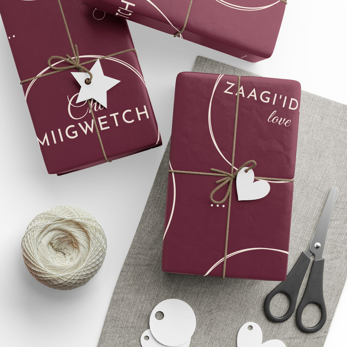 Burgundy Holiday Ojibwe Words Wrapping Paper Roll – Elegant Script Pattern for Christmas & Gifts