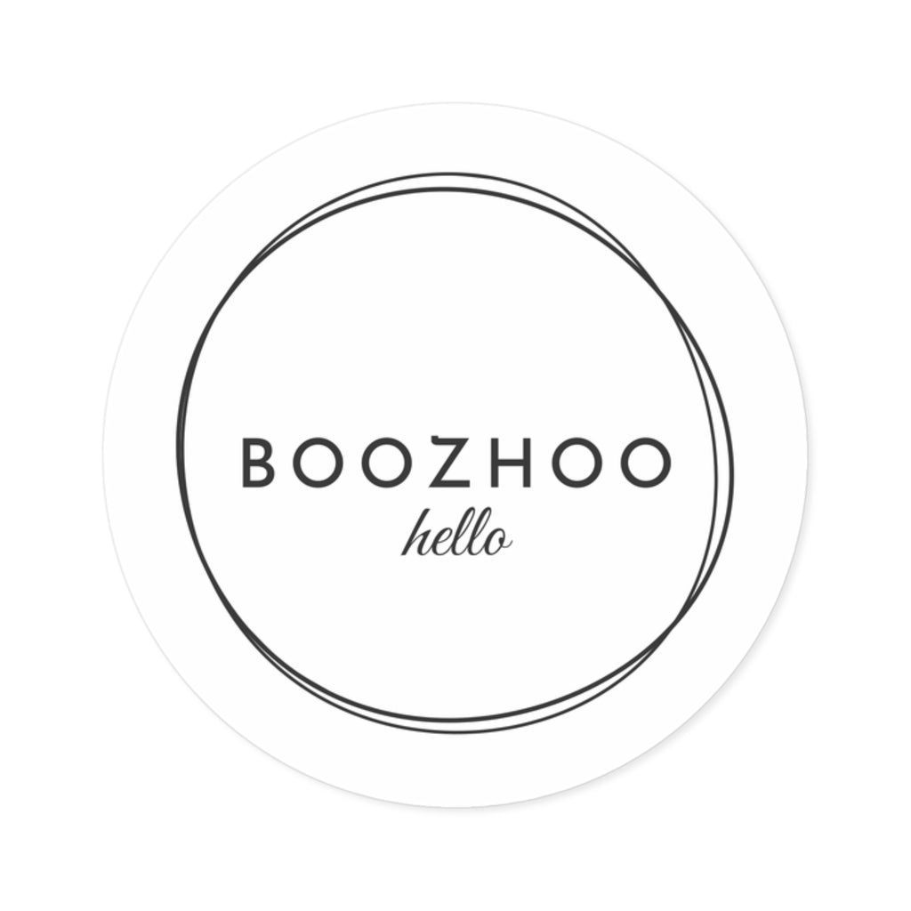 Round Logo Sticker — "BOOZHOO hello" Minimalist Vinyl Decal (Indoor/Outdoor)