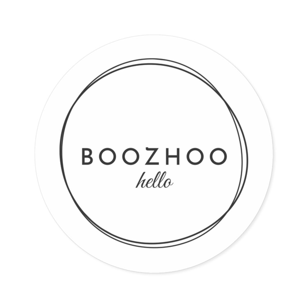 Round Logo Sticker — "BOOZHOO hello" Minimalist Vinyl Decal (Indoor/Outdoor)