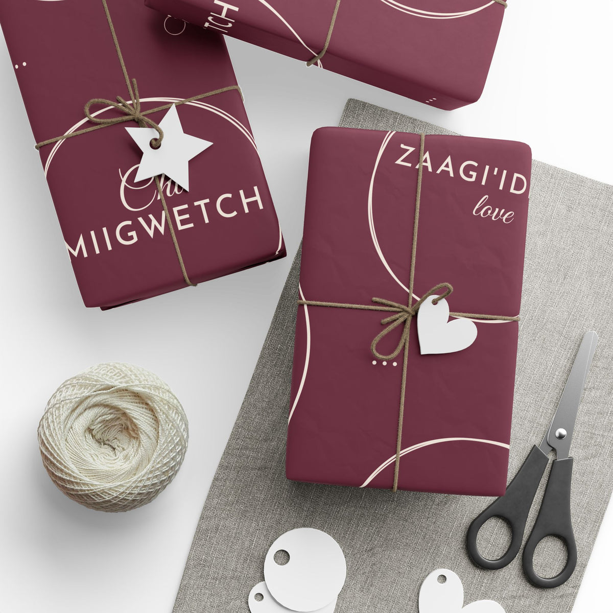 Burgundy Holiday Ojibwe Words Wrapping Paper Roll – Elegant Script Pattern for Christmas & Gifts